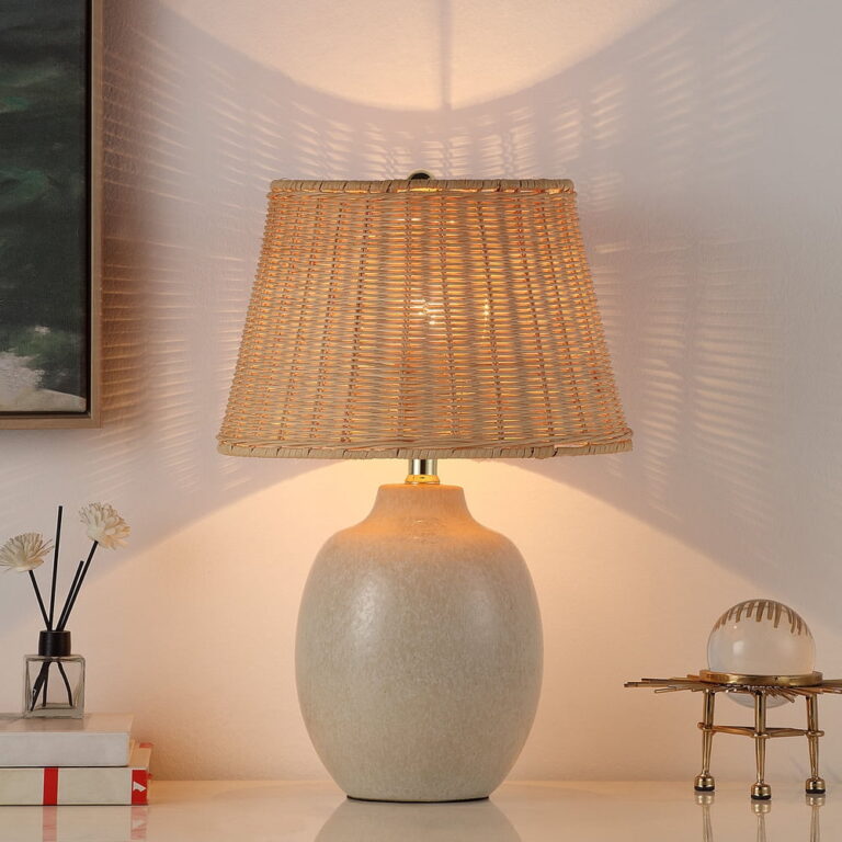 Better Homes & Gardens Cream Reactive Ceramic Table Lamp featuring Natural Rattan Shade â 18 in