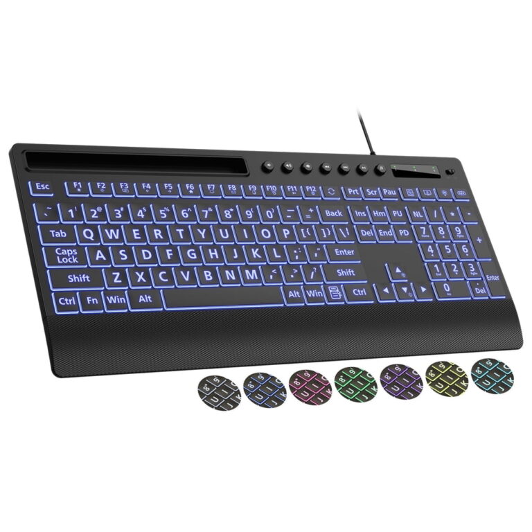 Large Print Wired Backlit Keyboard featuring Wrist Rest â Ergonomic Keyboard for PC Laptop / Quiet Keys / Backlight Memory / Phone Holder
