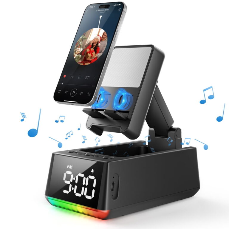 Wireless Induction Bluetooth Speaker â Tech Gadget Gifts for Men Women Teens / Foldable Cell Phone Stand for IPhone Android IPad / HD Stereo Sound / Phone Stand Speaker featuring Digital Clock & RGB Light