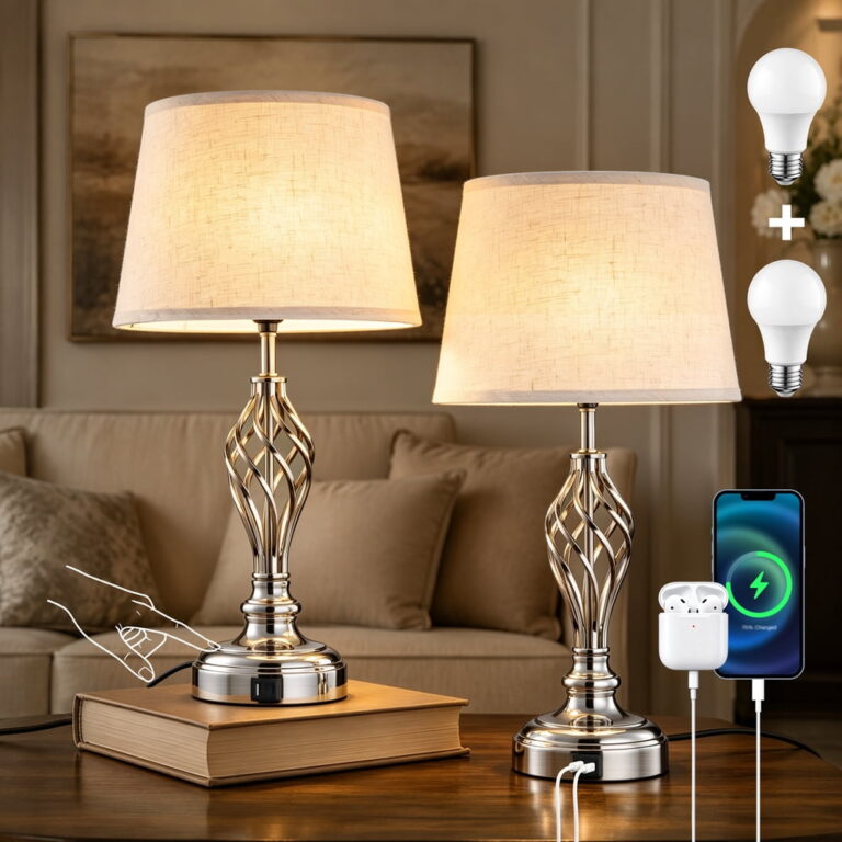 Coliware Table Lamp Set of 2 â Farmhouse Tapered Drum Shade Bedside Nightstand Lamps for Living Room Bathroom Bedroom / Silver Traditional Dimmable Desk Lamps featuring Touch Control USB Charging Port